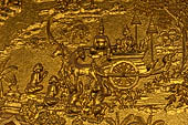 Luang Prabang, Laos - Wat Mai the gilded stucco engravings narrate the Vessantara Jataka, the penultimate rebirth as a human of the future Gotama Buddha. 